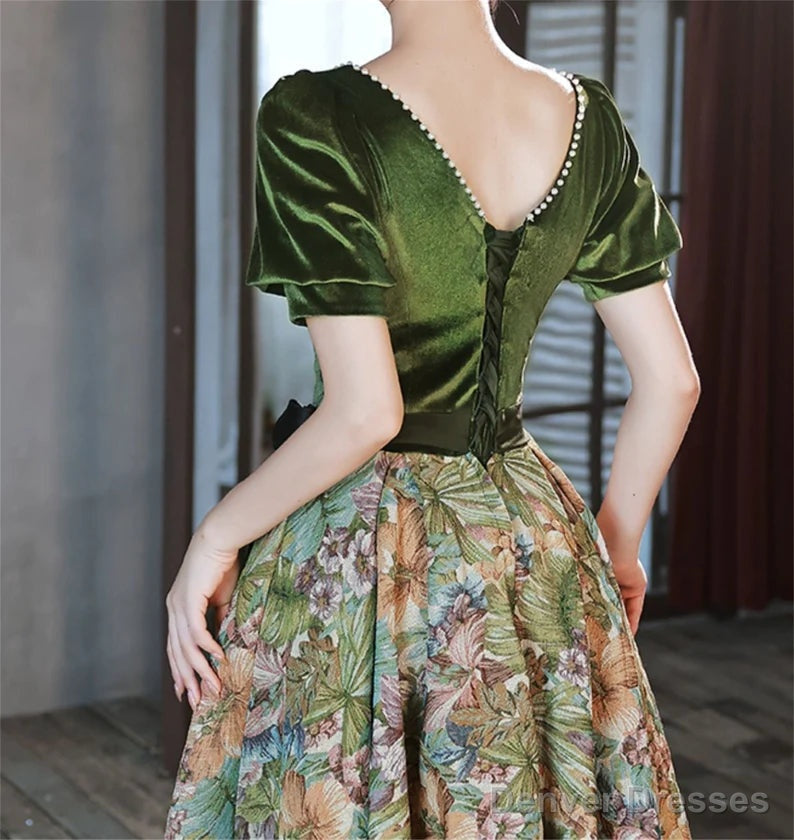 Green Velvet Floral Short Sleeves Long Prom Dress, Green Sweetheart Party Dress