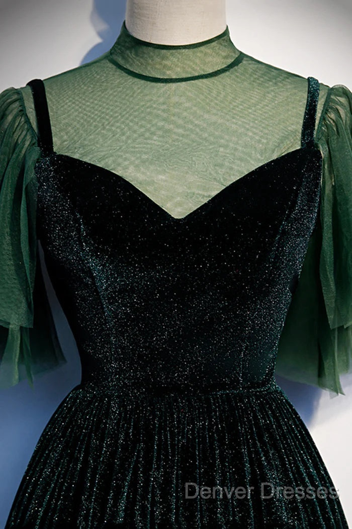 Green Velvet Long A-Line Prom Dress Evening Dress