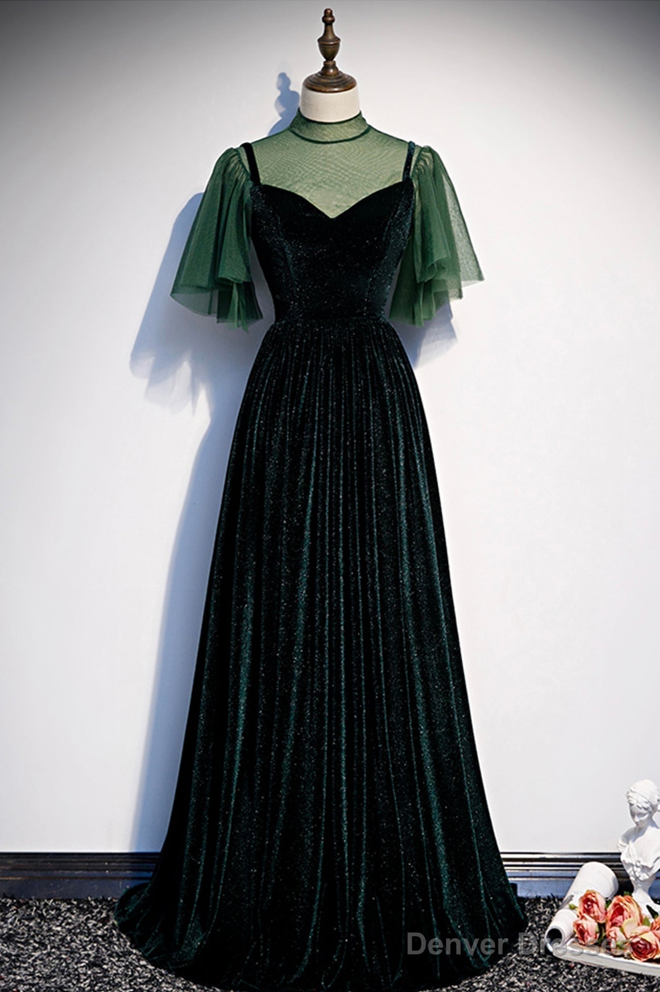 Green Velvet Long A-Line Prom Dress, Green Formal Evening Dress
