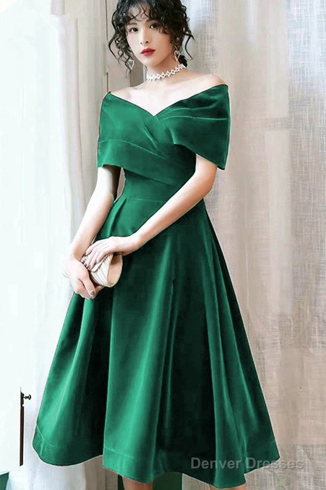 Green Velvet Off Shoulder Tea Length Party Dresses, Green Bridesmaid Dresses Formal Dresses