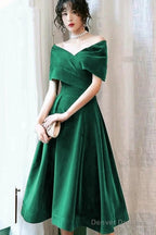 Green Velvet Off Shoulder Tea Length Party Dresses, Green Bridesmaid Dresses Formal Dresses