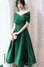 Green Velvet Off Shoulder Tea Length Party Dresses, Green Bridesmaid Dresses Formal Dresses