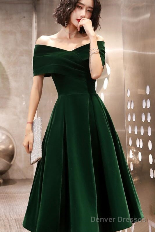 Green Velvet Off Shoulder Vintage Style Bridesmaid Dress, Tea Length Party Dress Secondary image