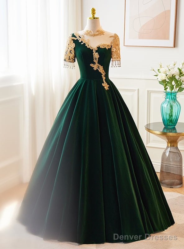 Green Velvet Short Sleeve Beading Prom Dress Main image