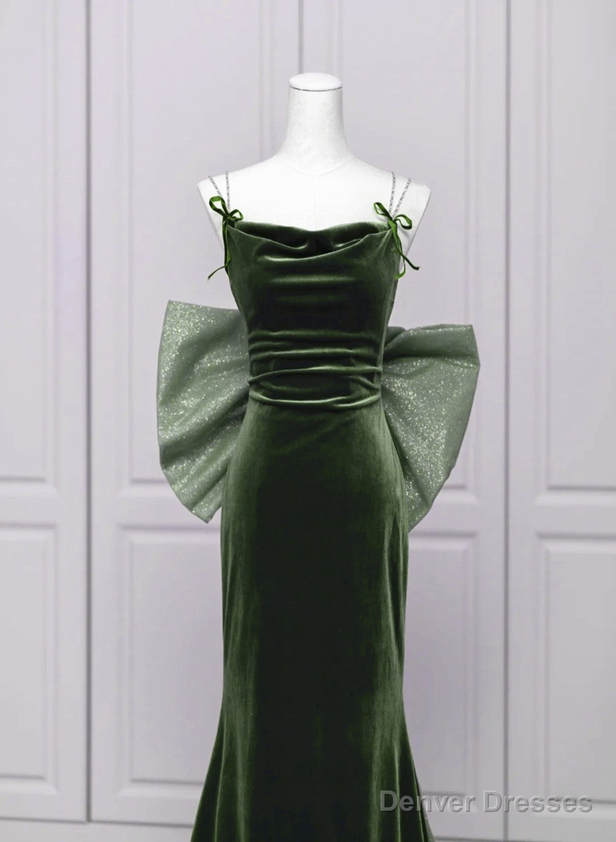 Green Velvet Straps Low Back Evening Dress, Green Velvet Prom Dress Secondary image