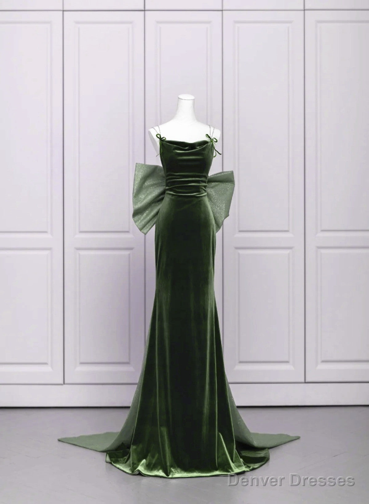 Green Velvet Straps Low Back Evening Dress, Green Velvet Prom Dress Main image