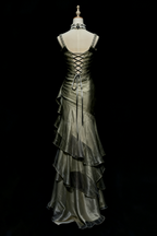 Green/Champagne Vintage Elegant Long Lace Ruffle Prom Dress Evening Dress