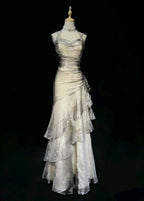 Green/Champagne Vintage Elegant Long Lace Ruffle Prom Dress Evening Dress