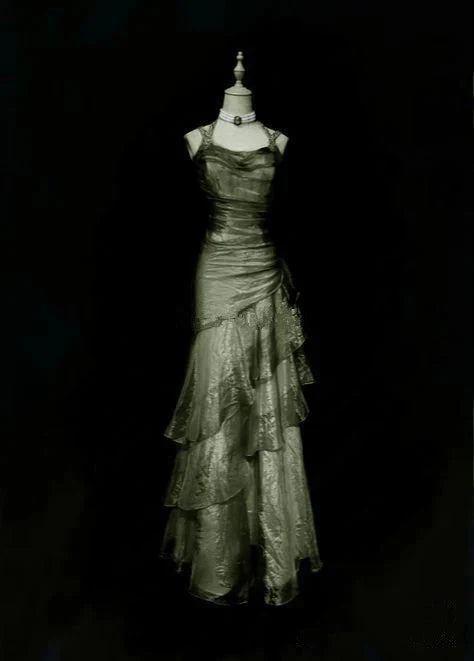 Green/Champagne Vintage Elegant Long Lace Ruffle Prom Dress Evening Dress Main image
