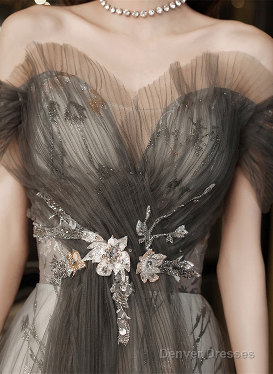 Grey A-Line Floral Tulle Off Shoulder Long Party Dress, Grey Floor Length Prom Dress