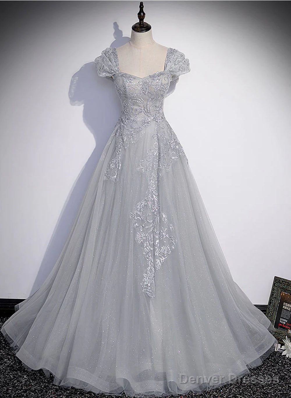 Grey A-line Tulle Short Sleeves Long Formal Dress, Grey Tulle Lace Party Dress Prom Dress Secondary image