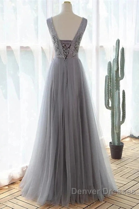 Grey A-Line Tulle With Lace Long Formal Dress V-Neckline Prom Dress Sleeveless December Wedding Guest Dress Secondary image