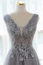 Grey A-Line Tulle With Lace Long Formal Dress V-Neckline Prom Dress Sleeveless December Wedding Guest Dress