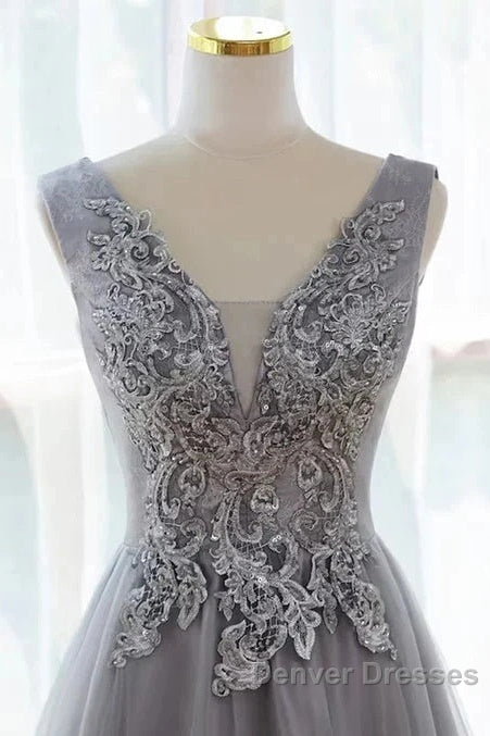 Grey A-Line Tulle With Lace Long Formal Dress V-Neckline Prom Dress Sleeveless December Wedding Guest Dress