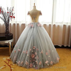 Grey Ball Gown 3D Flowers Princess Party Gown, Sweet 16 Formal Prom Dress