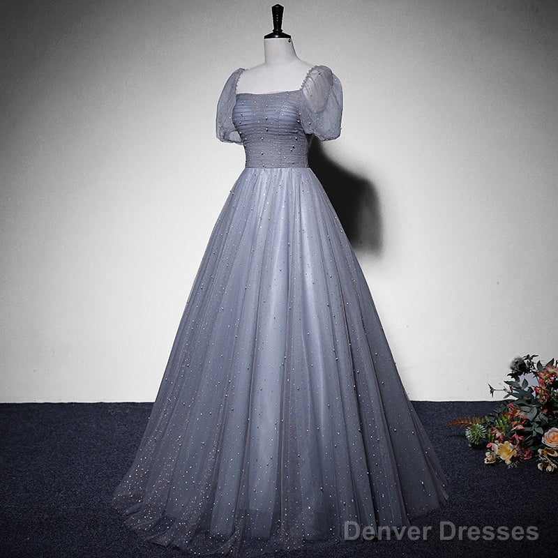 Grey Beaded Tulle Long Formal Dress Party Dress, Grey Evening Gown Formal Dress Secondary image