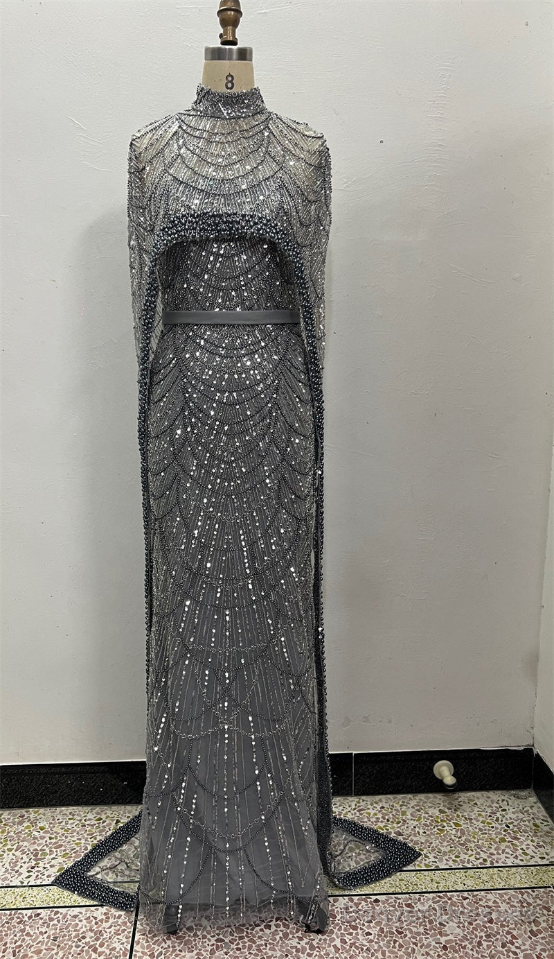 Grey Beading Prom Dresses Sweep Train High Neck Zipper Sleeveless Evening Dresses Main image