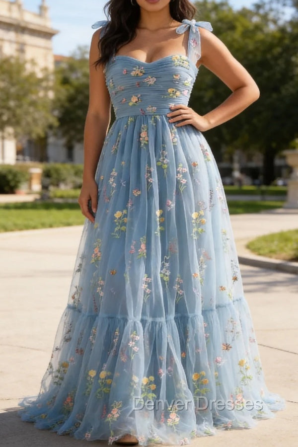 Grey Blue A-Line Spaghetti Straps Tulle Long Prom Dress With Embroidery