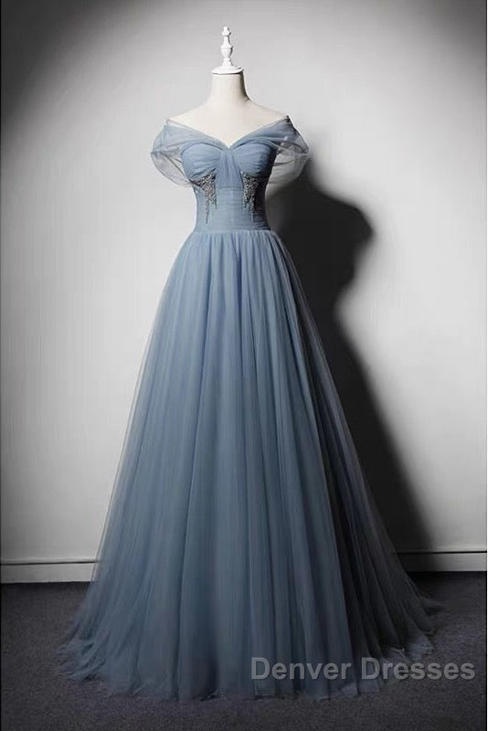 Grey-Blue Tulle Off Shoulder Beaded Long Prom Dress Party Dress, Long Evening Gowns