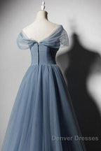 Grey-Blue Tulle Off Shoulder Beaded Long Prom Dress Party Dress, Long Evening Gowns