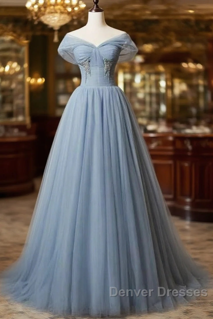 Grey-Blue Tulle Off Shoulder Beaded Long Prom Dress Party Dress, Long Evening Gowns Main image