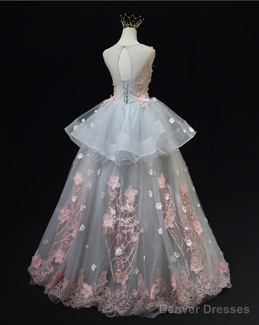 Grey Flowers Round Neckline Tulle with Lace Party Dress, Grey Sweet 16 Dress Secondary image
