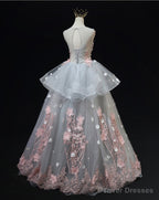 Grey Flowers Round Neckline Tulle with Lace Party Dress, Grey Sweet 16 Dress