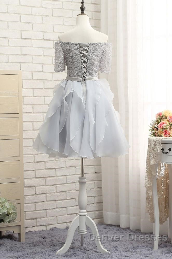 Grey Lace And Organza Homecoming Dress, Lovely Homecoming Dress , Short Prom Dress