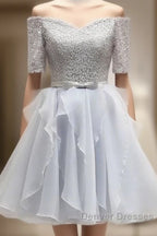 Grey Lace And Organza Homecoming Dress, Lovely Homecoming Dress , Short Prom Dress