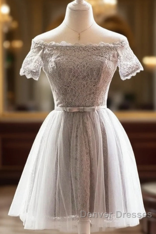 Grey Lace Tulle Short Sleeves Homecoming Dress Party Dress, Light Grey Formal Dress Main image
