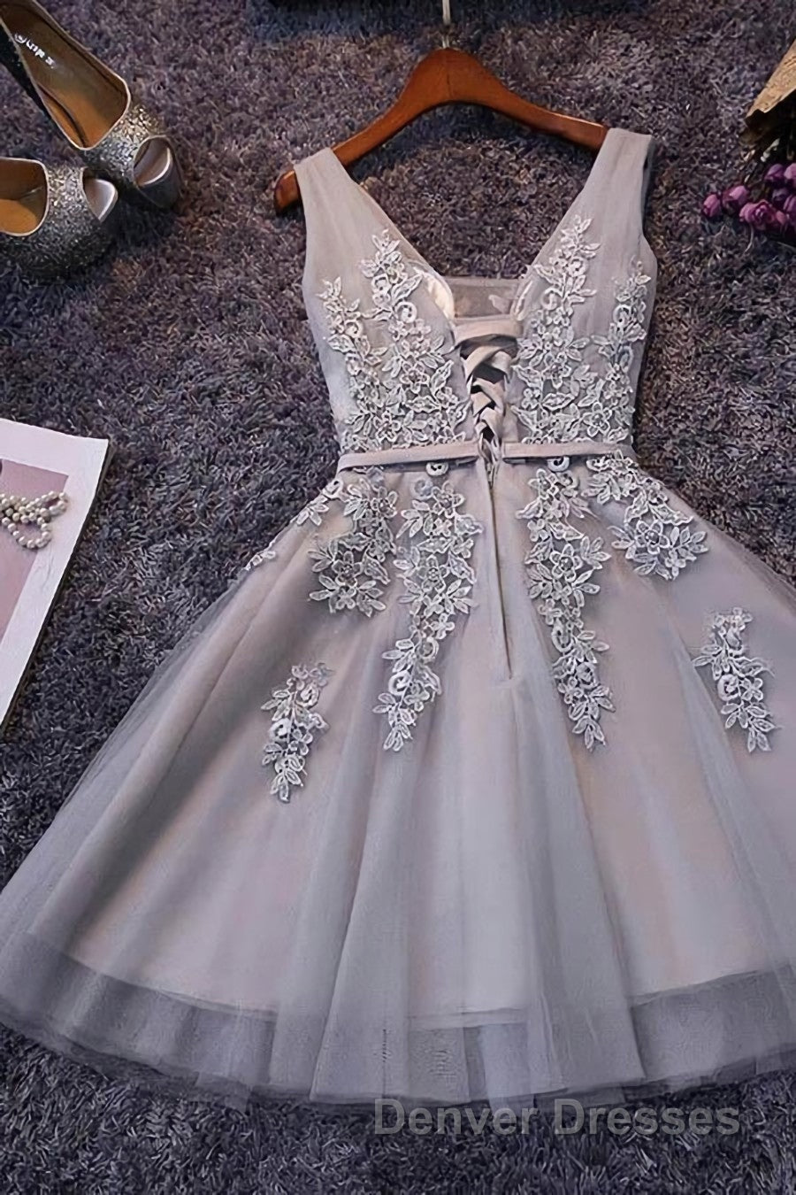 Grey Lace-up Tulle Short Homecoming Dress with Lace Appliques Secondary image