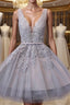 Grey Lace-up Tulle Short Homecoming Dress with Lace Appliques