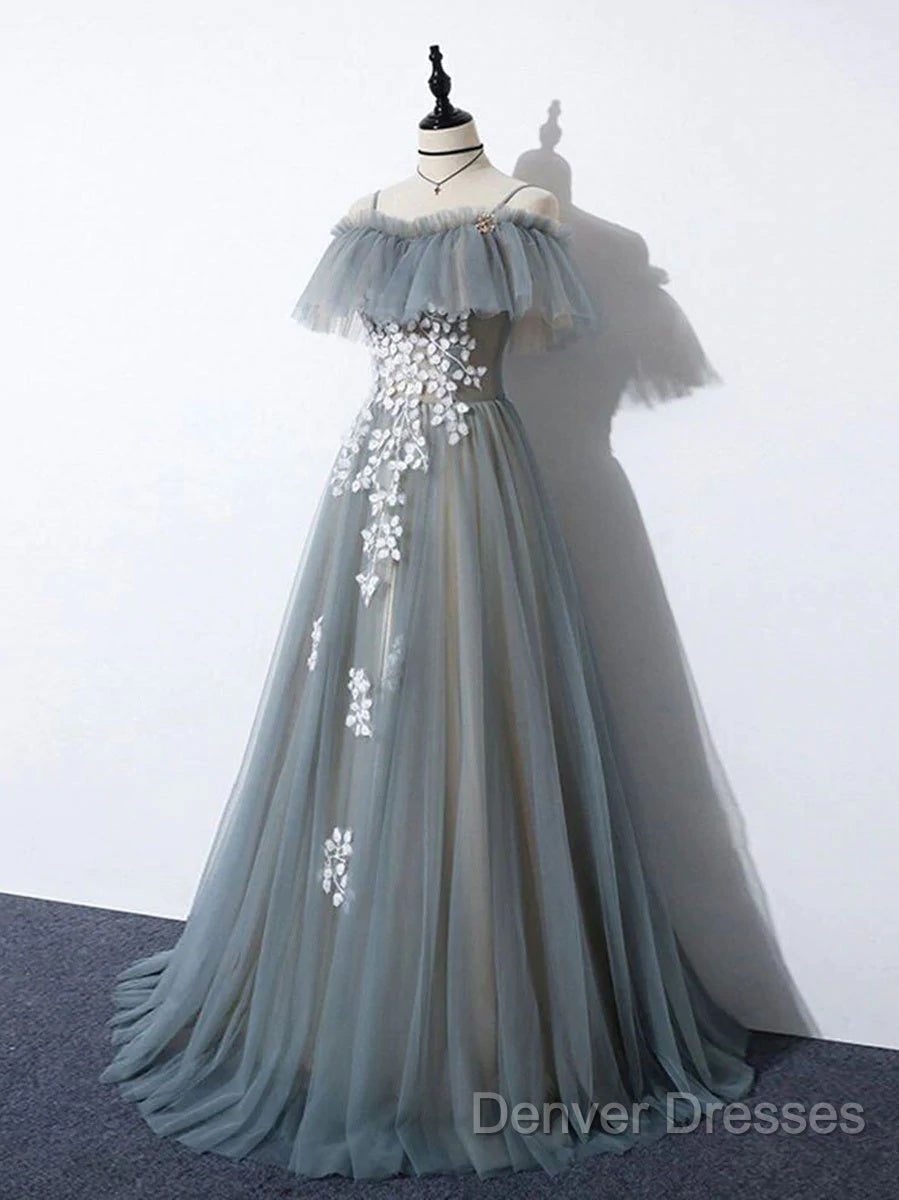 Grey Off Shoulder Straps Tulle With Lace Long Party Dress, Grey Formal Dress