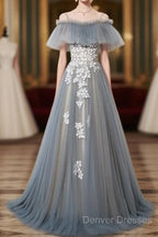Grey Off Shoulder Straps Tulle With Lace Long Party Dress, Grey Formal Dress