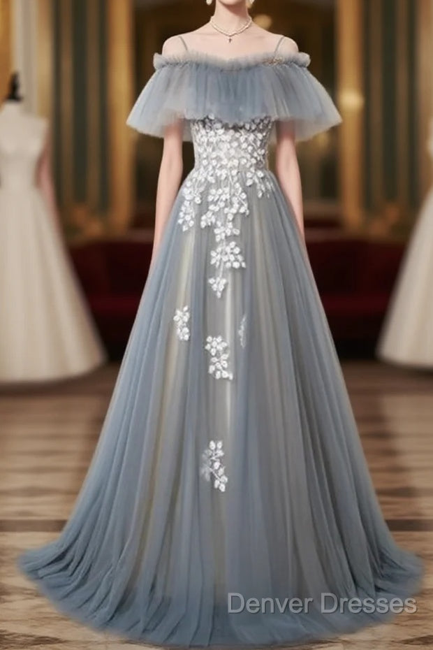 Grey Off Shoulder Straps Tulle With Lace Long Party Dress, Grey Formal Dress