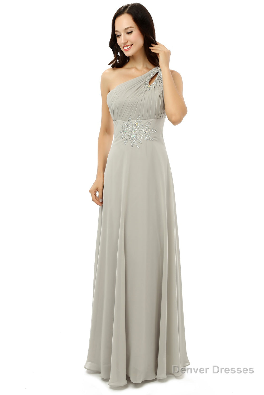 Grey One Shoulder Chiffon Pleats Beading Bridesmaid Dresses LG0254 Secondary image