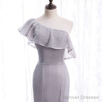 Grey One Shoulder Lace-up Shiny Long Prom Dress Party Dress, Grey Long Evening Dresses