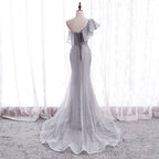 Grey One Shoulder Lace-up Shiny Long Prom Dress Party Dress, Grey Long Evening Dresses