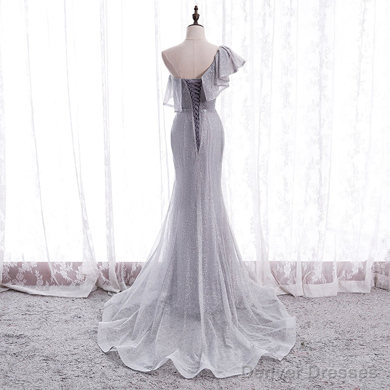 Grey One Shoulder Lace-up Shiny Long Prom Dress Party Dress, Grey Long Evening Dresses