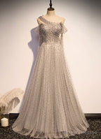 Grey One Shoulder Pearls Tulle Long Evening Dress, Light Grey Party Dress Formal Dress