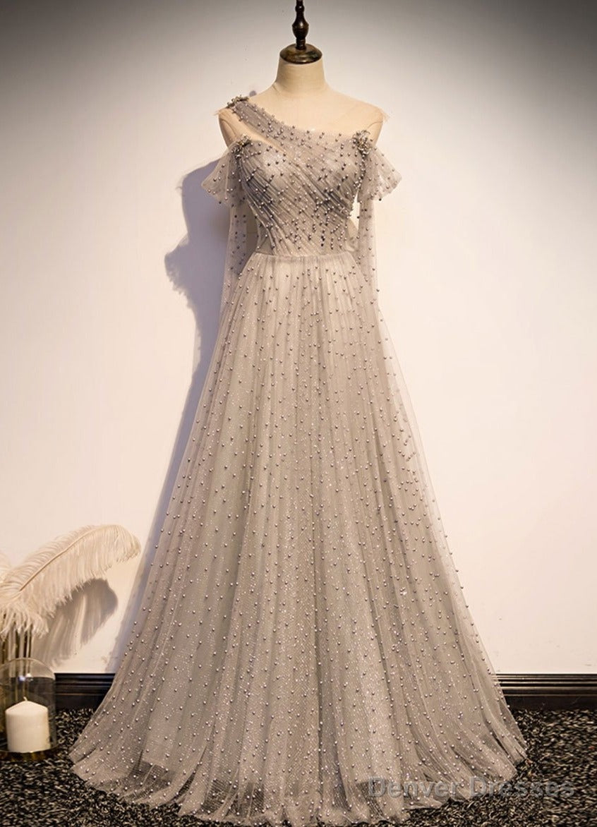 Grey One Shoulder Pearls Tulle Long Evening Dress, Light Grey Party Dress Formal Dress
