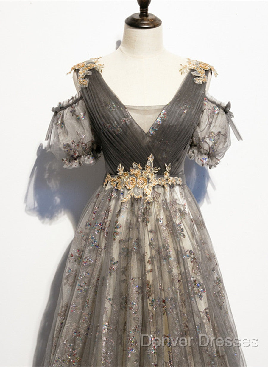 Grey Purple V-Neckline Tulle With Lace Prom Dress, Off Shoulder A-Line Party Dress Secondary image