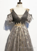 Grey Purple V-Neckline Tulle With Lace Prom Dress, Off Shoulder A-Line Party Dress