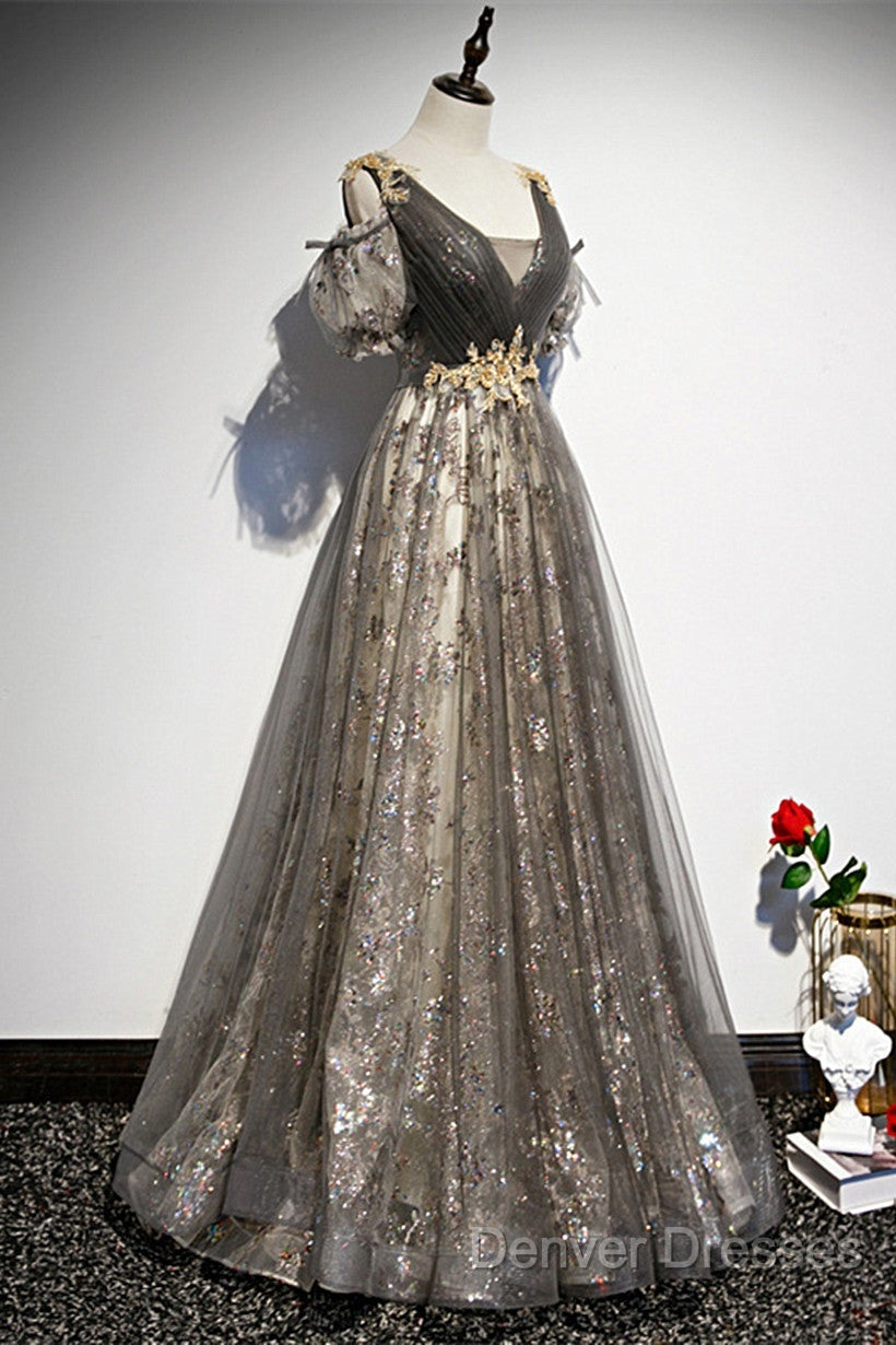 Grey Purple V-Neckline Tulle With Lace Prom Dress, Off Shoulder A-Line Party Dress