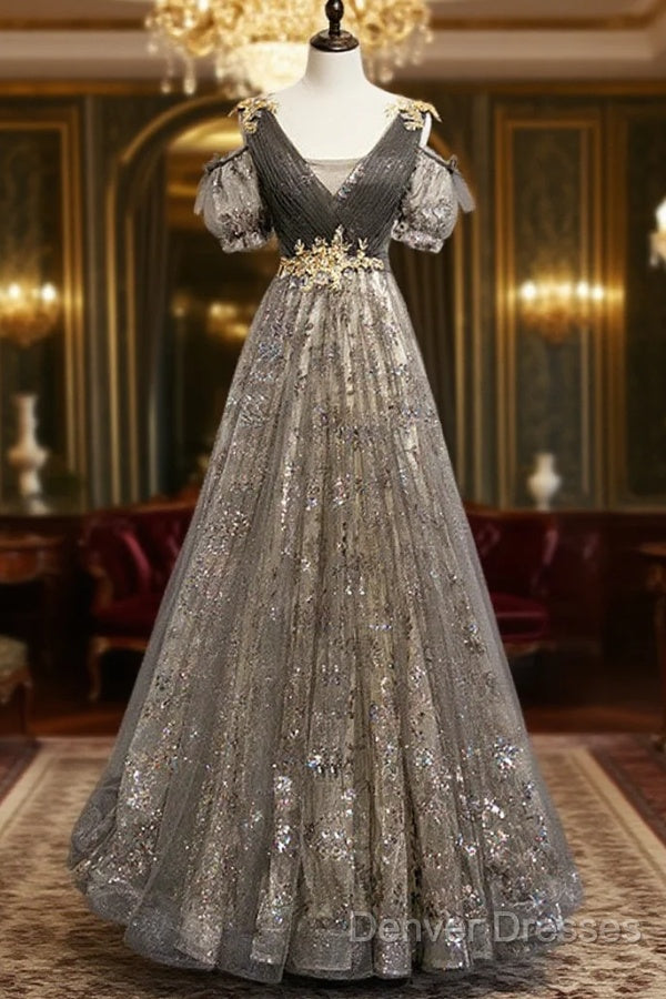 Grey Purple V-Neckline Tulle With Lace Prom Dress, Off Shoulder A-Line Party Dress