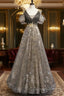 Grey Purple V-Neckline Tulle With Lace Prom Dress, Off Shoulder A-Line Party Dress