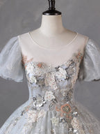 Grey Short Sleeves Tulle Ball Gown Prom Dress, Grey Ball Gown Sweet 16 Dress