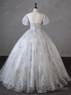 Grey Short Sleeves Tulle Ball Gown Prom Dress, Grey Ball Gown Sweet 16 Dress
