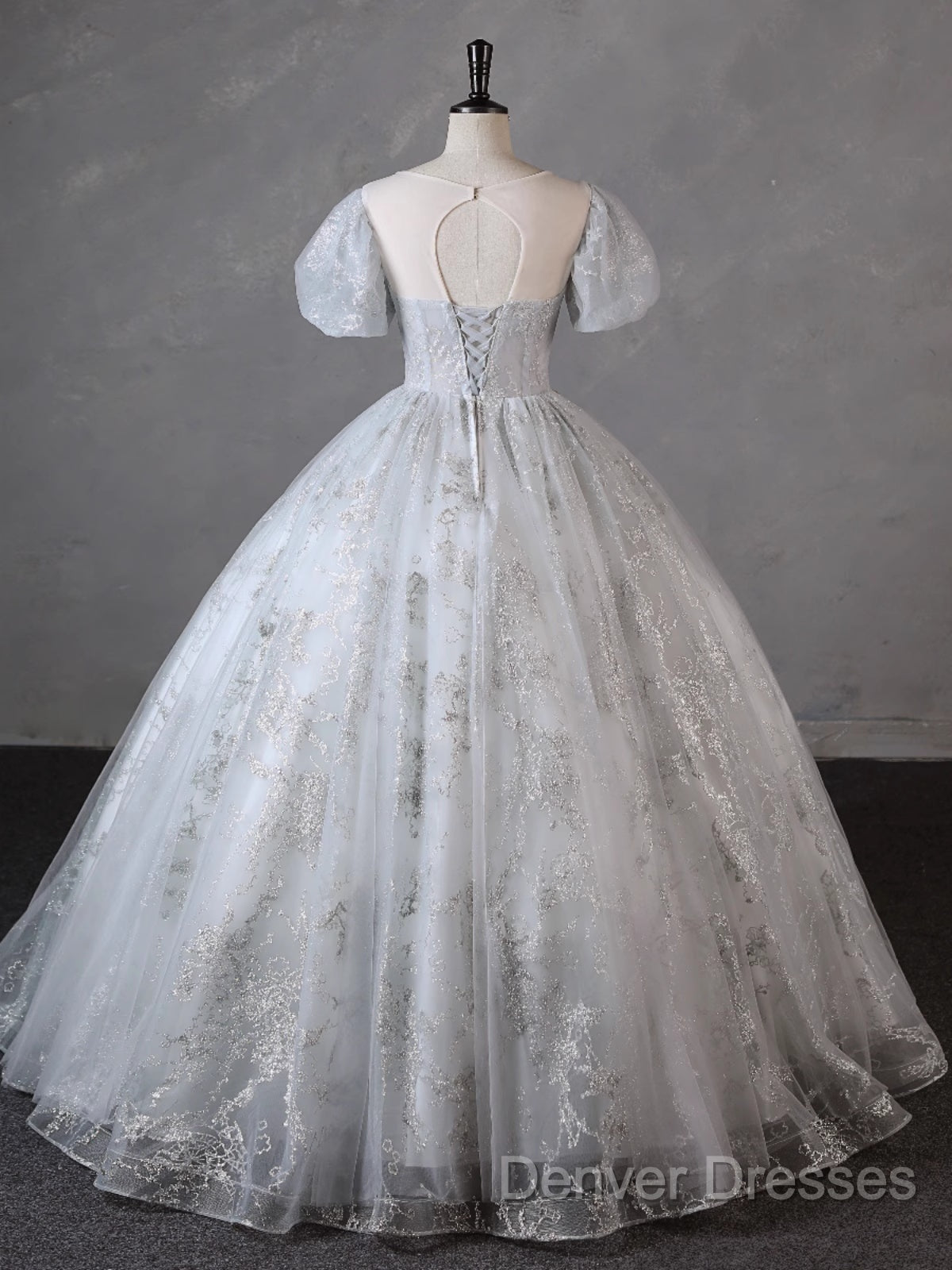 Grey Short Sleeves Tulle Ball Gown Prom Dress, Grey Ball Gown Sweet 16 Dress