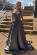 Grey Spaghetti Straps Backless Long Prom Dress with Pockets
